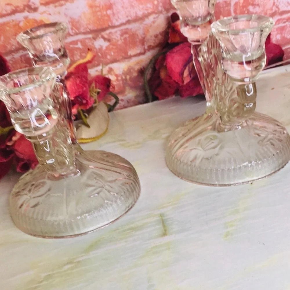 Antique Depression Glass Iris and Herringbone Pattern Double Candle Sticks